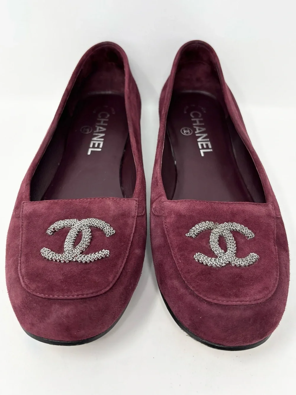 Chanel CC Logo Suede Loafers Burgundy Size 37 Size US 7